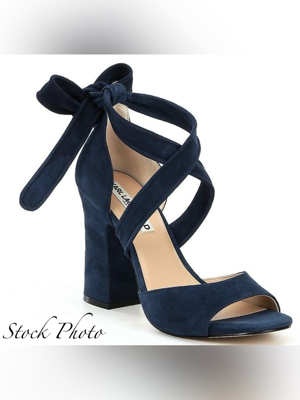 KARL LAGERFELD Paris Racha Navy Blue Suede Ankle Tie Block Heels 8M